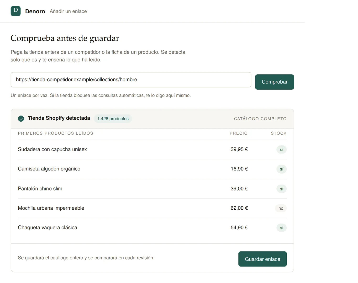 El panel comprobando un enlace: detecta una tienda Shopify con 1.426 productos y lista los primeros precios
